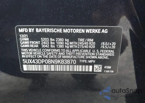 2022 BMW X3 Sdrive30I из США, поврежденный, VIN 5UX43DP08N9K83870